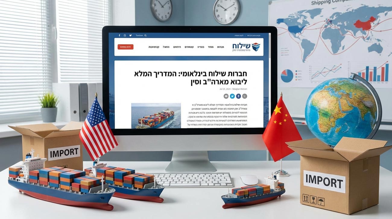 המחשה של שילוח בינלאומי וייבוא מסין וארה״ב – מסך מחשב עם מאמר על חברות שילוח, אוניות מכולה, קופסאות ייבוא, גלובוס ודגלי סין וארצות הברית במשרד לוגיסטי.
