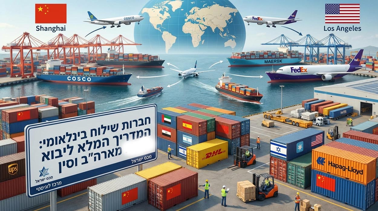 המחשה של שרשרת אספקה ושילוח בינלאומי בין סין לארצות הברית – נמל מכולות עם אוניות, מטוסי מטען, מכולות ממותגות וחברות שילוח גלובליות.
