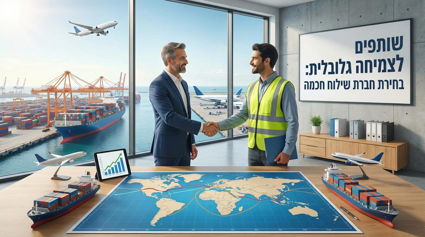 שני אנשים לוחצים ידים בעת הסכם על בחירת חברת שילוח בינלאומי שתצמיח את העסק שלך