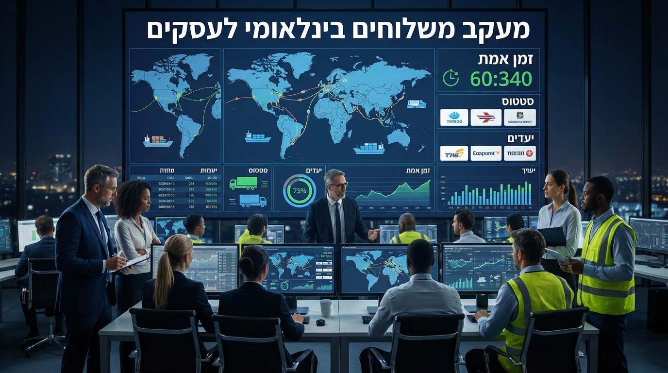 אנשים בחדר מעקב משלוחים בינלאומי לעסקים מצסתכלים על גרפים ומידע נוסף