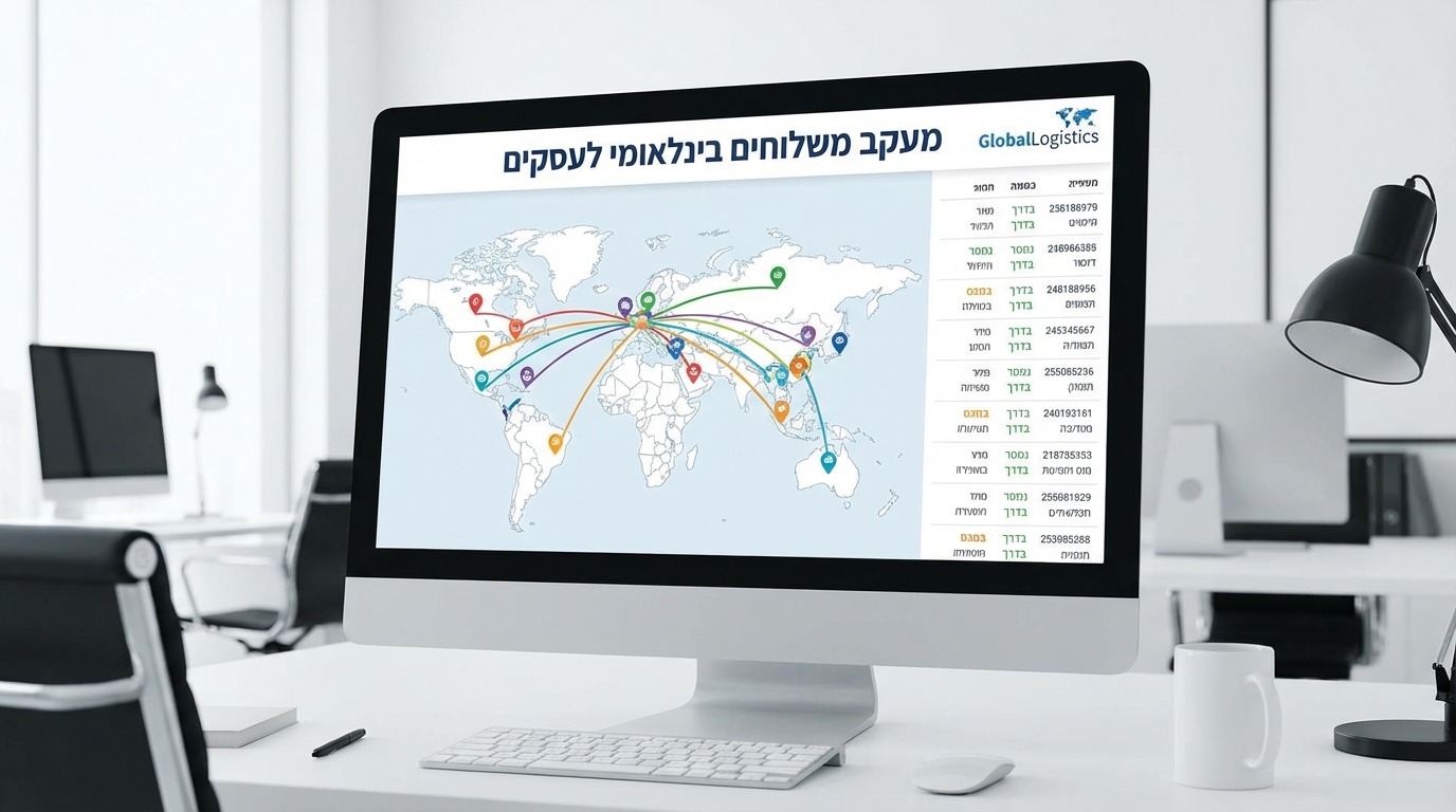 צג מחשב המציג מידע מעקב משלוחים בינלואמי לעסקים